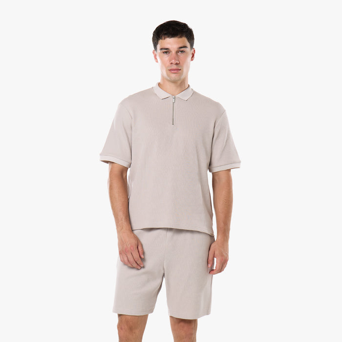 Waffle Knit Zip Polo | Stone