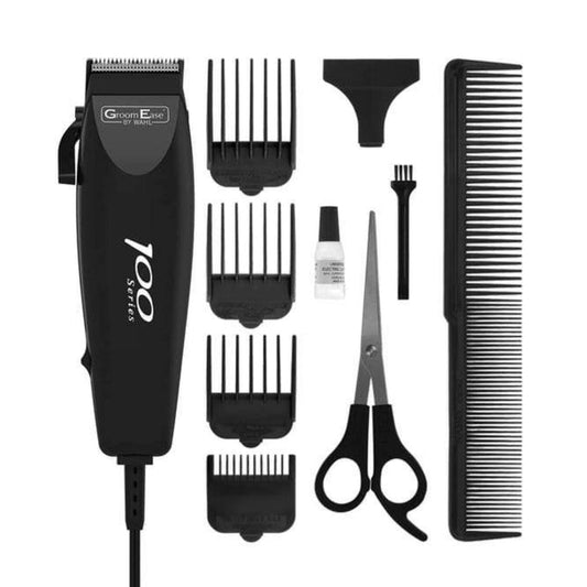 Wahl GroomEase 100 Series Clipper 10 Piece Kit in black, with guide combs, scissors, comb, brush, and oil on white background.