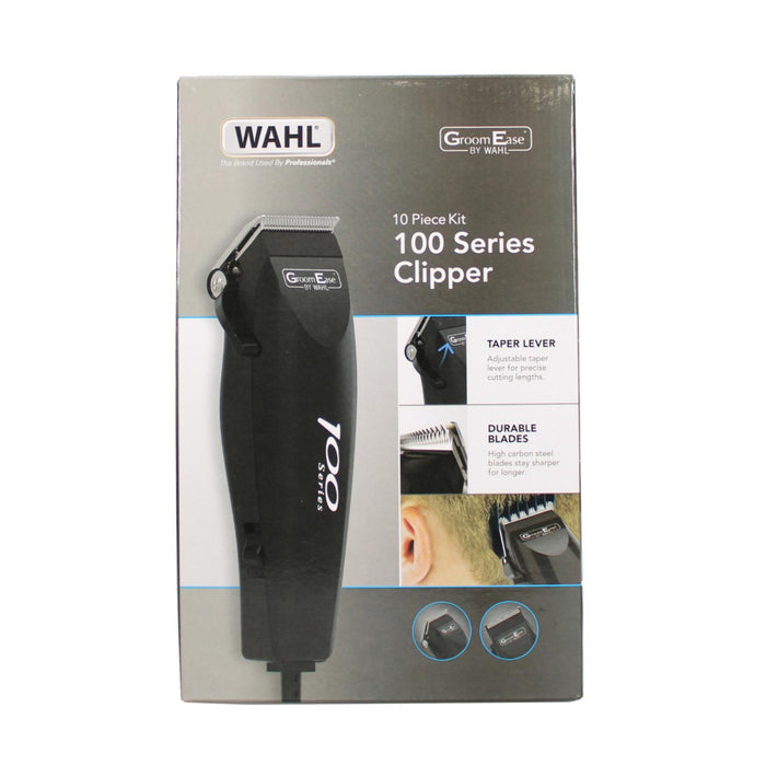 Wahl GroomEase 100 Series Clipper 10 Piece Kit packaging on white background, showing black clipper with taper lever and durable blades callouts.
