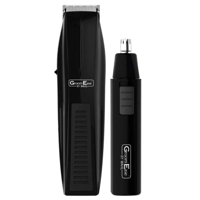 Wahl GroomEase Battery Trimmer and nose trimmer in black, both labelled "GroomEase by Wahl", on white background