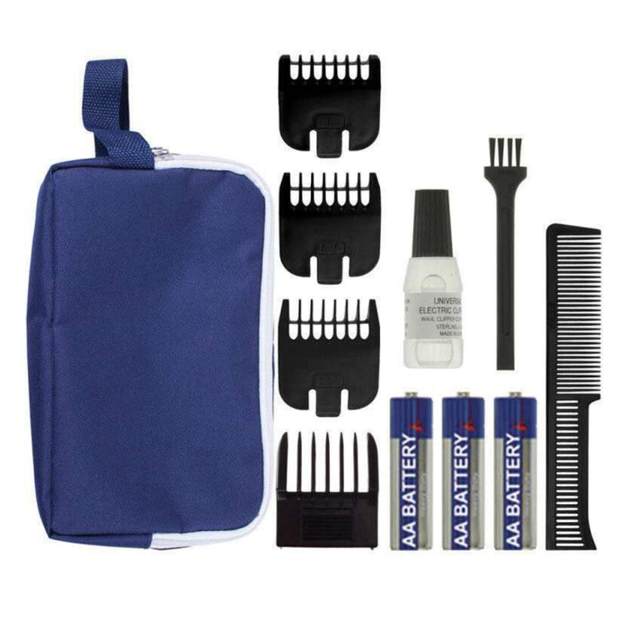 Wahl GroomEase Battery Trimmer 11 Piece Set with blue zip bag, 4 guide combs, oil, cleaning brush, comb, and 3 AA batteries on white background.