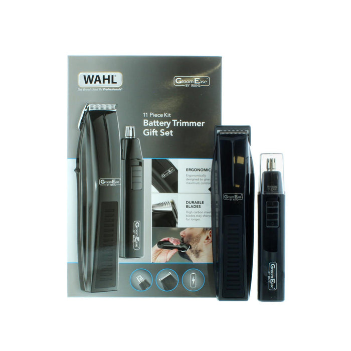 Wahl GroomEase Battery Trimmer 11 Piece Set with two black trimmers beside grey packaging on white background