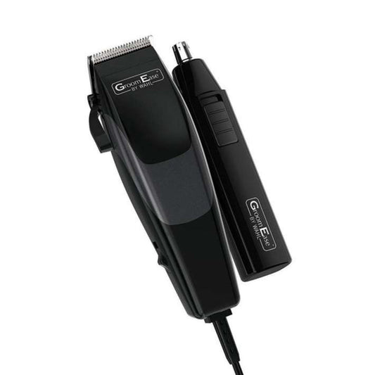 Wahl GroomEase clipper and nose trimmer in black with silver blade, both labelled "GroomEase by Wahl", on white background.