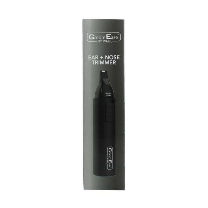 Wahl GroomEase Ear & Nose Trimmer in black packaging on white background, labelled "Ear + Nose Trimmer by Wahl"
