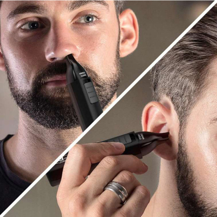 Wahl GroomEase Ear & Nose Trimmer shown in use on nose (left) and ear (right) against neutral brown background