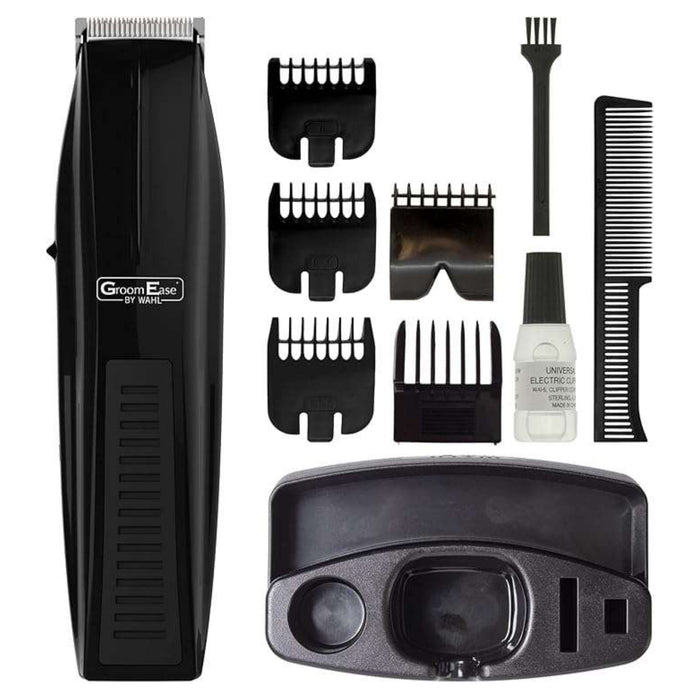 Wahl GroomEase Perform Trimmer 11 Piece Kit displayed on white background with guards, combs, oil, brush and charging base