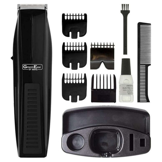 Wahl GroomEase Perform Trimmer 11 Piece Kit displayed on white background with guards, combs, oil, brush and charging base