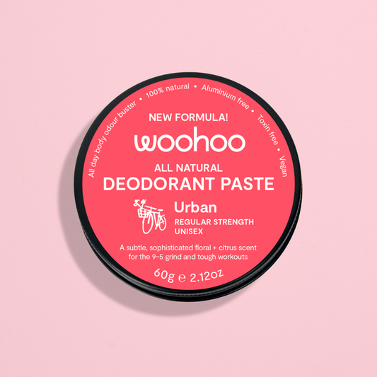 Woohoo Urban natural deodorant paste, 60g recyclable tin — regular strength, floral-citrus scent with orange, cedarwood and palmarosa.