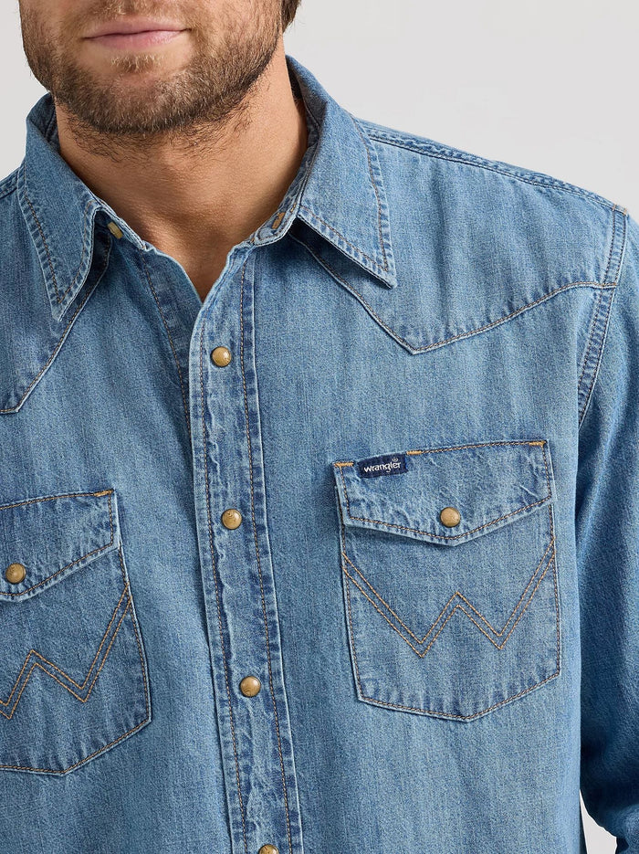 Wrangler Men's Denim Chest Pocket Snap-Front Long Sleeve Work Shirt Work Shirts Wrangler