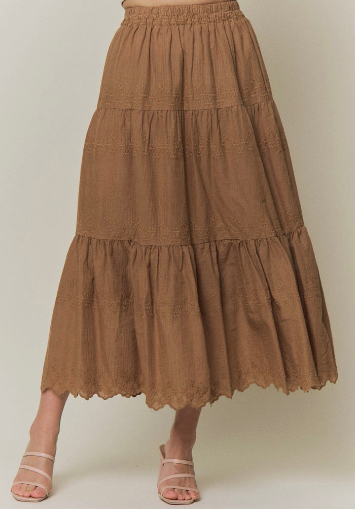 Yeni Tiered Embroidered Midi Skirt