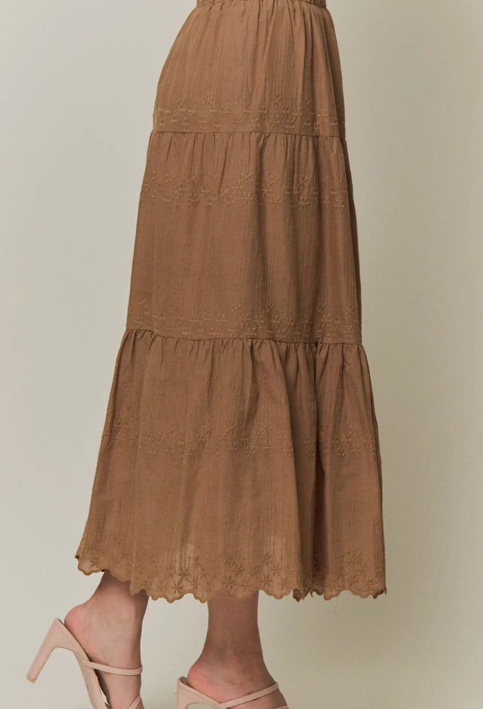 Yeni Tiered Embroidered Midi Skirt