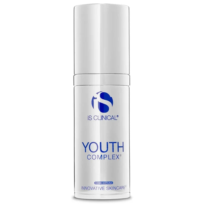 White cylindrical pump bottle of iS Clinical Youth Complex with blue logo and text on clinical-white background