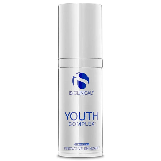 White cylindrical pump bottle of iS Clinical Youth Complex with blue logo and text on clinical-white background