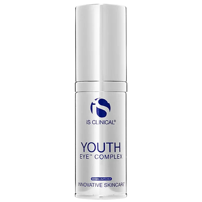 iS Clinical Youth Eye Complex in a white pump bottle with blue text on clinical-white background