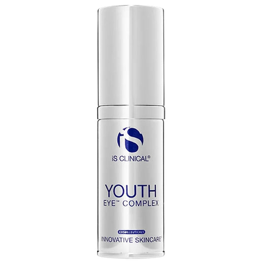 iS Clinical Youth Eye Complex in a white pump bottle with blue text on clinical-white background