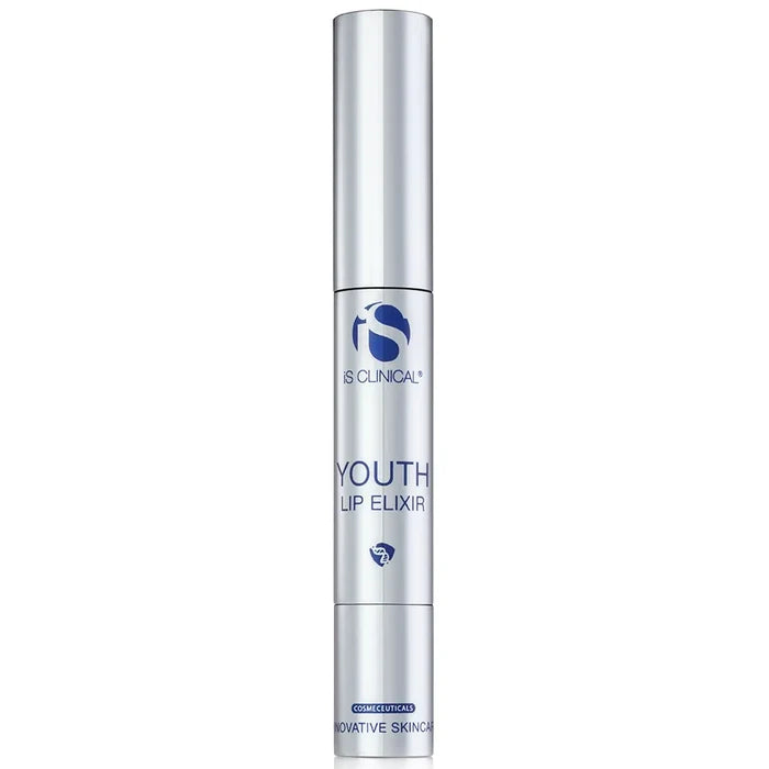 Silver tube of iS Clinical Youth Lip Elixir with blue logo and text on white background