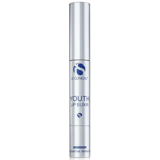 Silver tube of iS Clinical Youth Lip Elixir with blue logo and text on white background