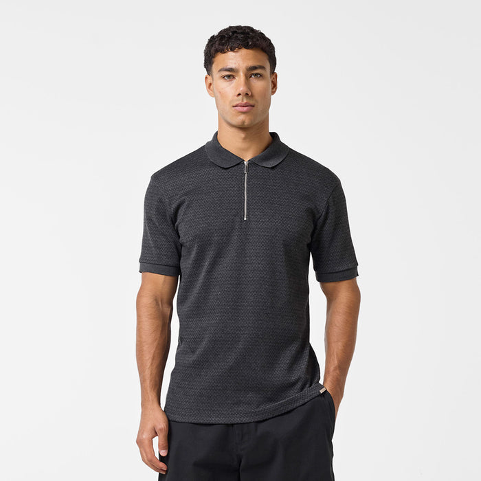 Men's  Black Zigzag Knit Zipped Polo  Closure London  Front View