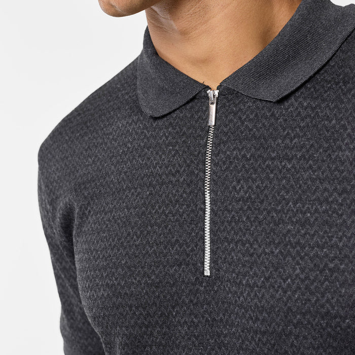 Zigzag Knit Zipped Polo | Black